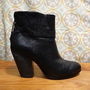 RAG & BONE Black Leather Ankle Boots with Western Style Stacked Heel, size 41